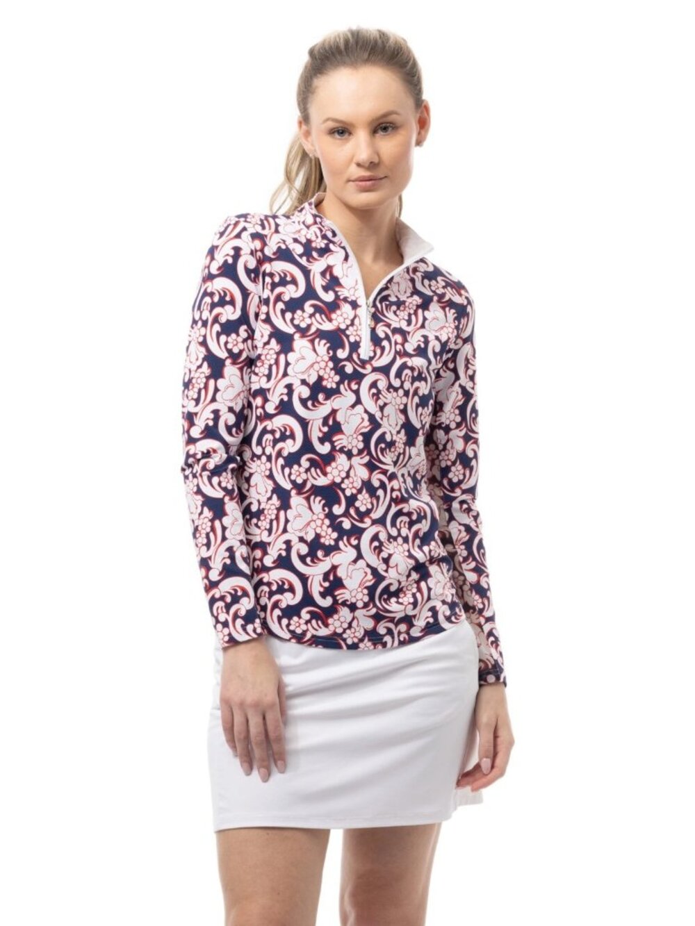 NEW SanSoleil Tennis Golf 1/4 Zip Pullover L/S MEDIUM Paisley Navy Red UV 50+